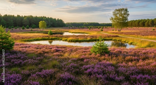 Picturesque landscape with heather blooming near small ponds at sunset.