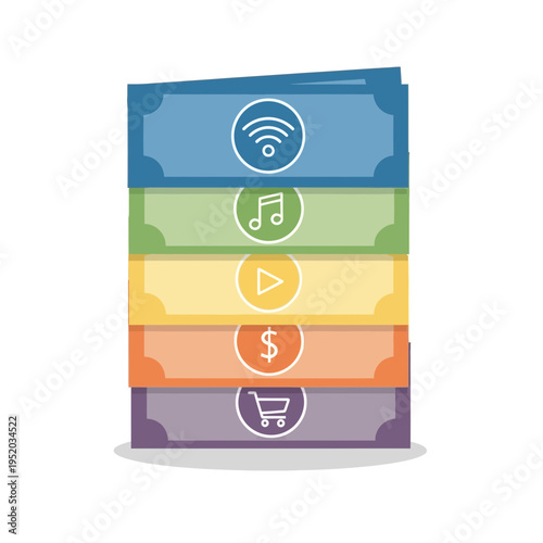 Stack of colorful gift cards with icons representing various digital services.
