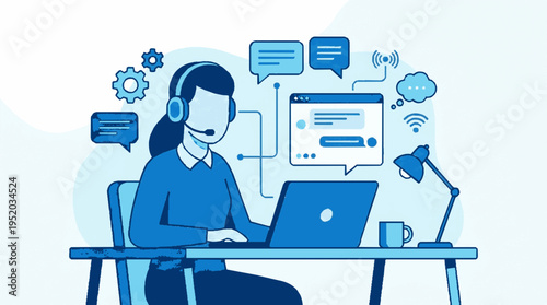 Modern saas vector illustration of a helpdesk customer support agent working on laptop with headset