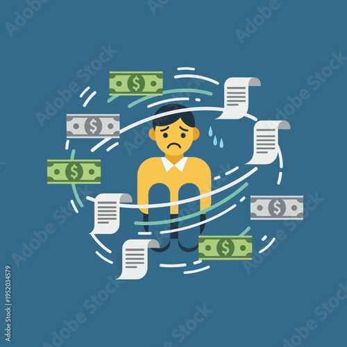 Person overwhelmed by floating dollar bills and receipts, appearing distressed.