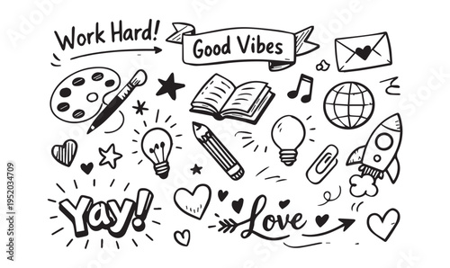 Motivational Doodle Set with Hand Drawn Icons and Lettering, Good Vibes Sketch Collection