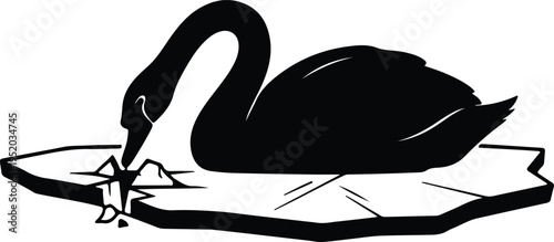 Silhouette elegant black swan breaking ice water surface winter nature vector design