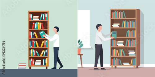 Minimalist flat vector illustration of a person arranging books on a bookshelf, home organization activity, clean shapes