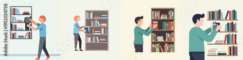 Minimalist flat vector illustration of a person arranging books on a bookshelf, home organization activity, clean shapes