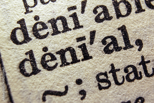 Word denial printed on dictionary page, macro close up