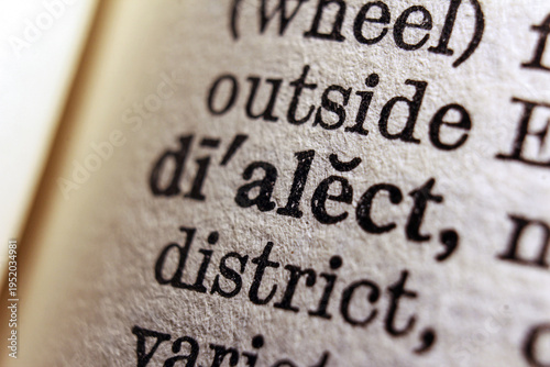 Word dialect printed on dictionary page, macro close up