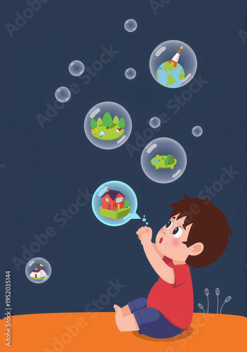 Peaceful child blowing bubbles with radiant tiny worlds inside