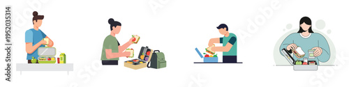 Minimalist flat vector illustration of a person packing lunch into a lunch box, daily routine activity, simple shapes