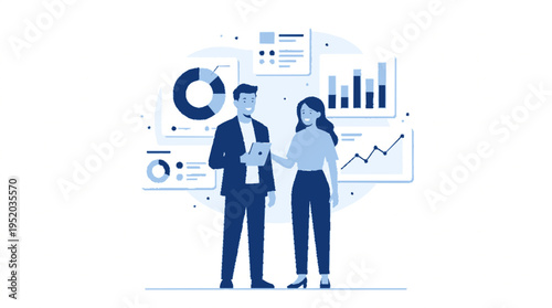 Business professionals analyze data charts and graphs in modern office setting with navy blazer