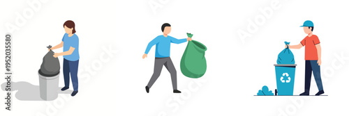 Flat minimalist vector illustration of a person taking out household trash, everyday responsibility activity, clean design, white background