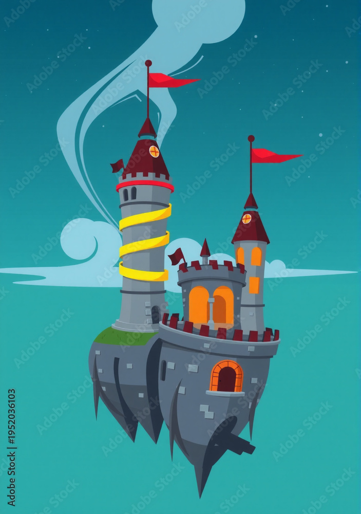 Naklejka premium Fantasy floating castle featuring unique glowing spiral towers