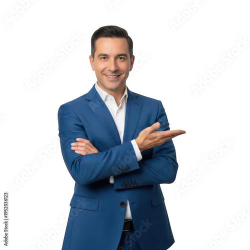 Smiling man in a blue suit pointing to the side with his hand, isolated on transparent cutout man png.