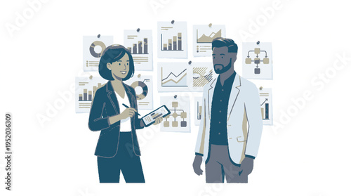 Business professionals analyze data charts and graphs in a modern minimalist vector illustration with a professional atmosphere