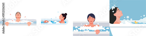 Minimalist flat vector illustration of a person taking a relaxing bath with bubbles, self-care lifestyle concept
