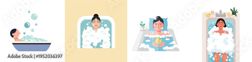 Minimalist flat vector illustration of a person taking a relaxing bath with bubbles, self-care lifestyle concept