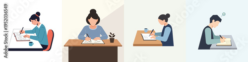 Flat minimalist vector illustration of a person writing in a personal journal at a desk, daily reflection activity, simple shapes