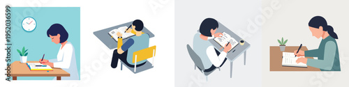 Flat minimalist vector illustration of a person writing in a personal journal at a desk, daily reflection activity, simple shapes