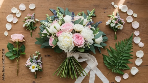 Elegant Floral Arrangement Display: A sophisticated bouquet of various flower types. It is an ensemble of delicate petals and foliage arranged on a wooden surface for a refined display.