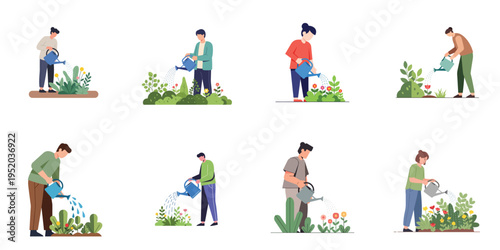 Flat minimalist vector illustration of a person watering outdoor garden plants with a watering can, peaceful lifestyle activity, no outline, white background