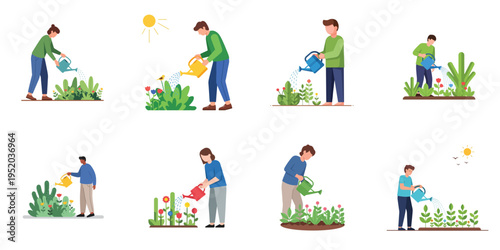 Flat minimalist vector illustration of a person watering outdoor garden plants with a watering can, peaceful lifestyle activity, no outline, white background