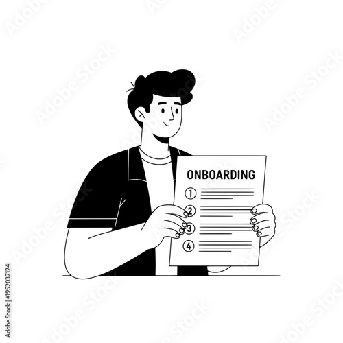 Designer holding onboarding checklist vector illustration for SVG assets or Onboarding guide presented by designer in clean lineart vector style