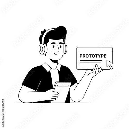line art designer presenting prototype concept with headset asset or vector line illustration of a designer showcasing a prototype
