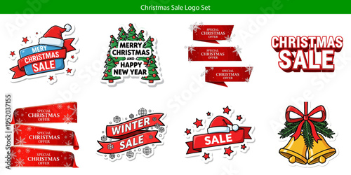 Christmas sale logos and labels with bells and santa hats