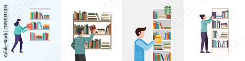 Minimalist flat vector illustration of a person arranging books on a bookshelf, home organization activity, clean shapes