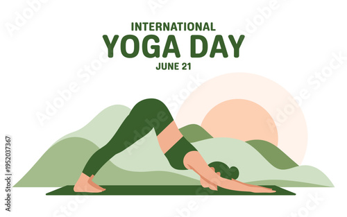 A vector graphic illustration of a woman practicing yoga on a mountain during International Yoga Day