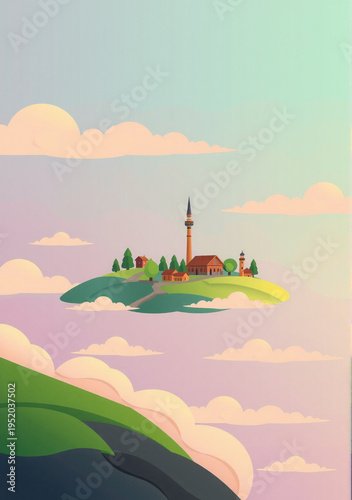 Vibrant sky community anchored on glowing pastel cloud formations