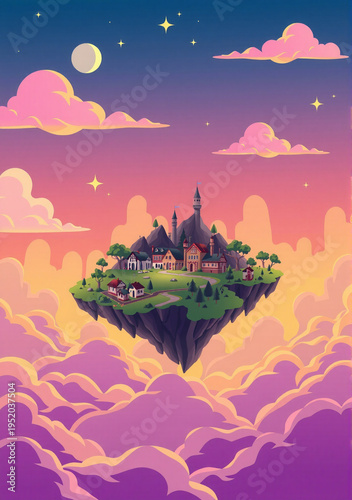 Dreamy flat illustration of houses floating on radiant pastel clouds
