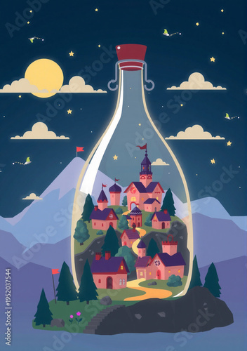Miniature fantasy village contained within a glowing glass bottle