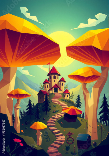 Micro-village nestled inside glowing geometric mushroom caps