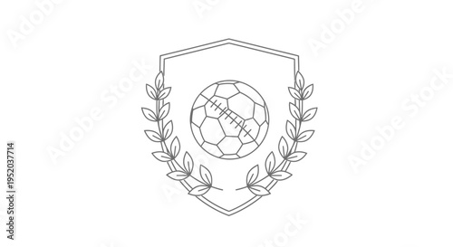 Geometric Soccer Ball in Shield with Laurel Wreath, Sport Competition Emblem, isolated white background.
