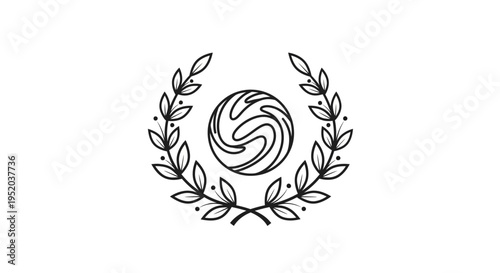 Abstract Swirl Ball with Classic Laurel Wreath, Dynamic Sport Emblem, isolated white background.