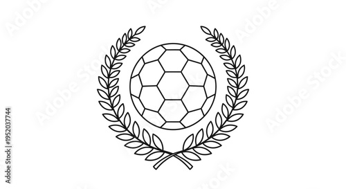 Minimalist Soccer Ball with Laurel Wreath Award Icon, Sport Victory Concept, isolated white background.