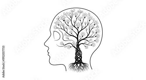 Outline drawing of a human head profile with a detailed tree of life and roots growing inside, symbolizing natural thinking and ideas on an isolated white background.