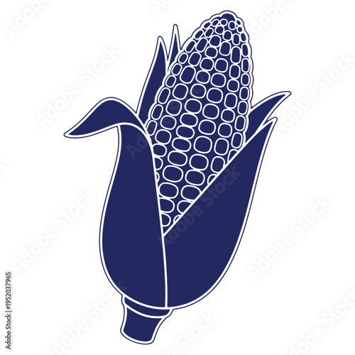 Illustration of an ear of corn with blue outline and white inner details standing out on a white background showcasing a farm vegetable