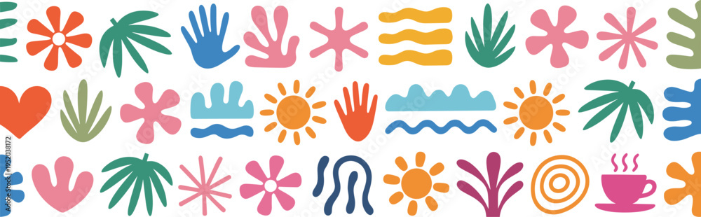 Fototapeta premium Colorful Abstract Shapes and Icons Pattern vector illustration