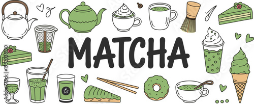 Matcha Tea And Desserts Doodle Collection Keywords: matcha, tea, green tea, latte, ice cream