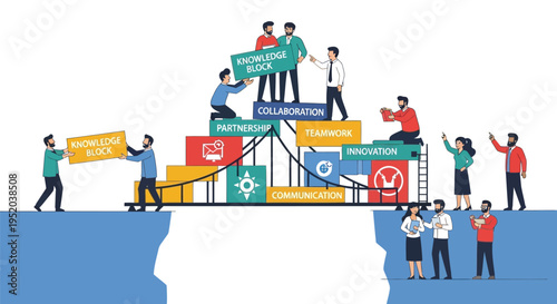 Vector illustration of people building a bridge with signs and symbols