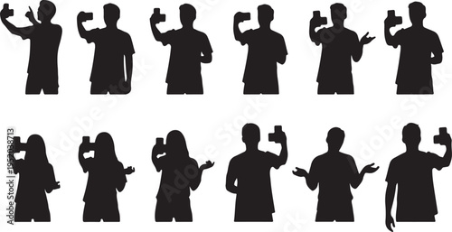 Silhouettes of people holding smartphones in various poses and gestures
