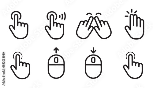 Interactive finger gesture line icons set for mobile app interface navigation and screen touch controls
