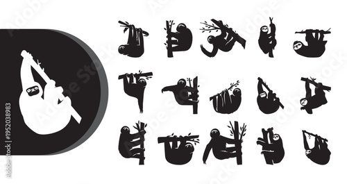 A collection of black and white silhouettes of sloths hanging from trees in various poses