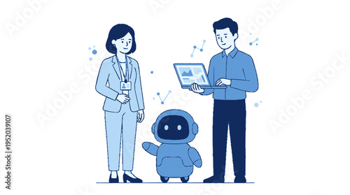 Professionals in blue tones collaborate with a friendly robot holding a laptop in a modern flat vector style