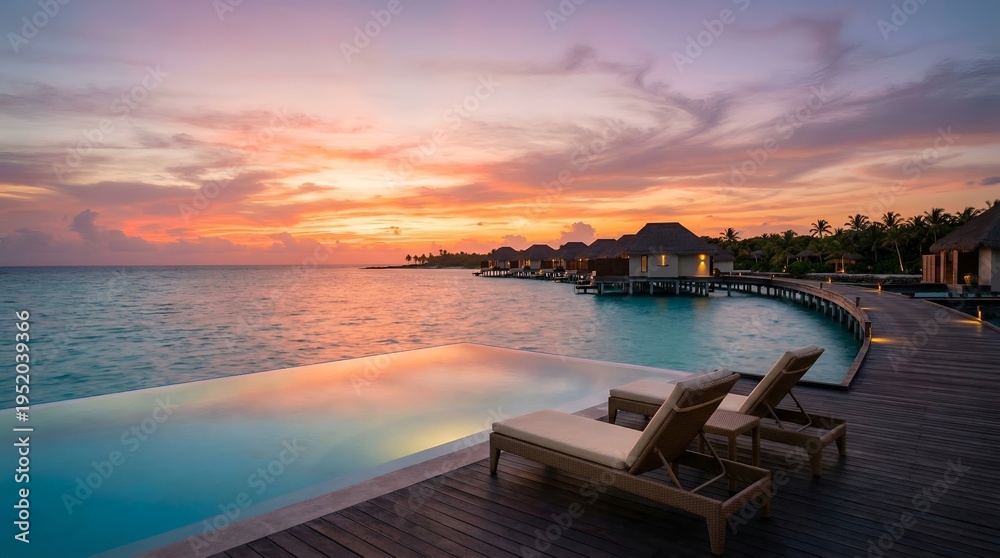 Fototapeta premium Tropical sunset resort with infinity pool and overwater villas in Riviera Maya Mexico