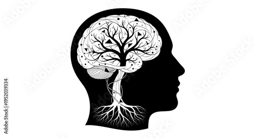 Human head silhouette with a tree's roots forming the brain stem and branches as the brain, symbolizing foundational knowledge and natural intelligence on isolated white background