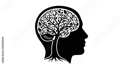 Human head silhouette with brain as a stylized tree with swirling patterns, symbolizing dynamic thought and flowing creative ideas on isolated white background