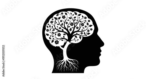 Human head silhouette with brain as a detailed flowering tree with roots, symbolizing organic thought and mental wellbeing on isolated white background