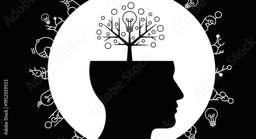 Side Profile of Human Head with Brain as a Tree with Lightbulb Ideas, Symbolizing Creativity and Innovation, on Contrasting Black and White Background